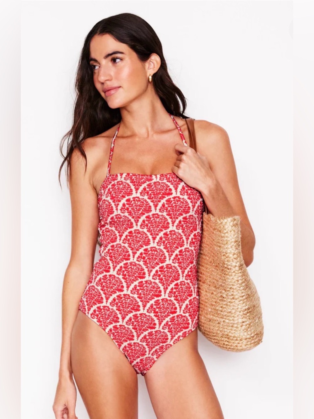 NWT Boden Red Milos Smocked Bandeau Swimsuit, Size 6